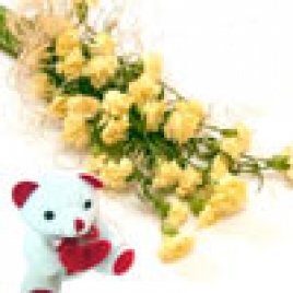 Yellow Carnations Bunch With A Cute Teddy Bear